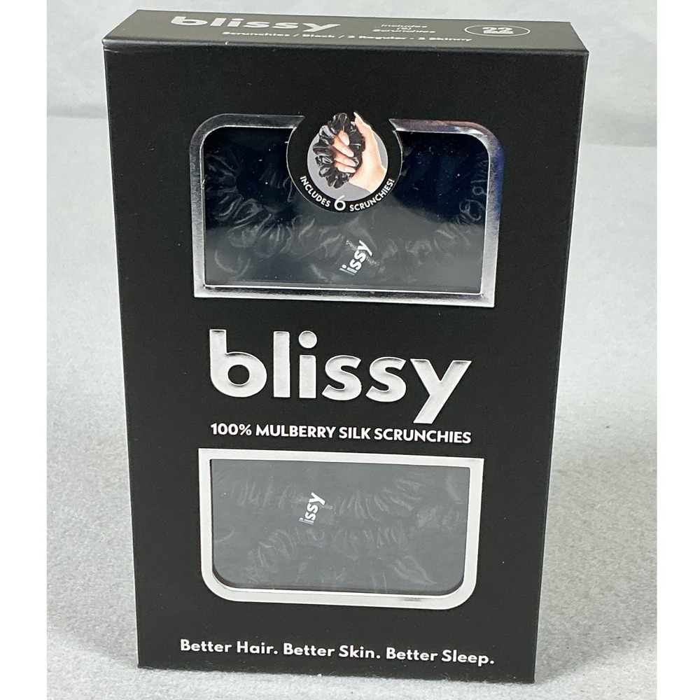 Blissy 100% Mulberry Silk Hair Scrunchies Black 6 Pack Regular & Skinny New